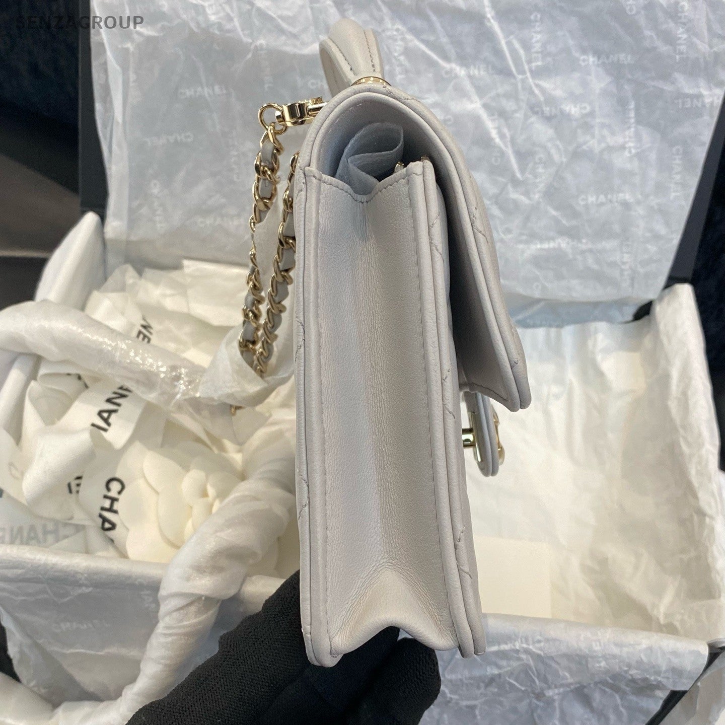 Chanel Diamond Lambskin Chain Crossbody Top Handle Bag Gray Gold Women Classic