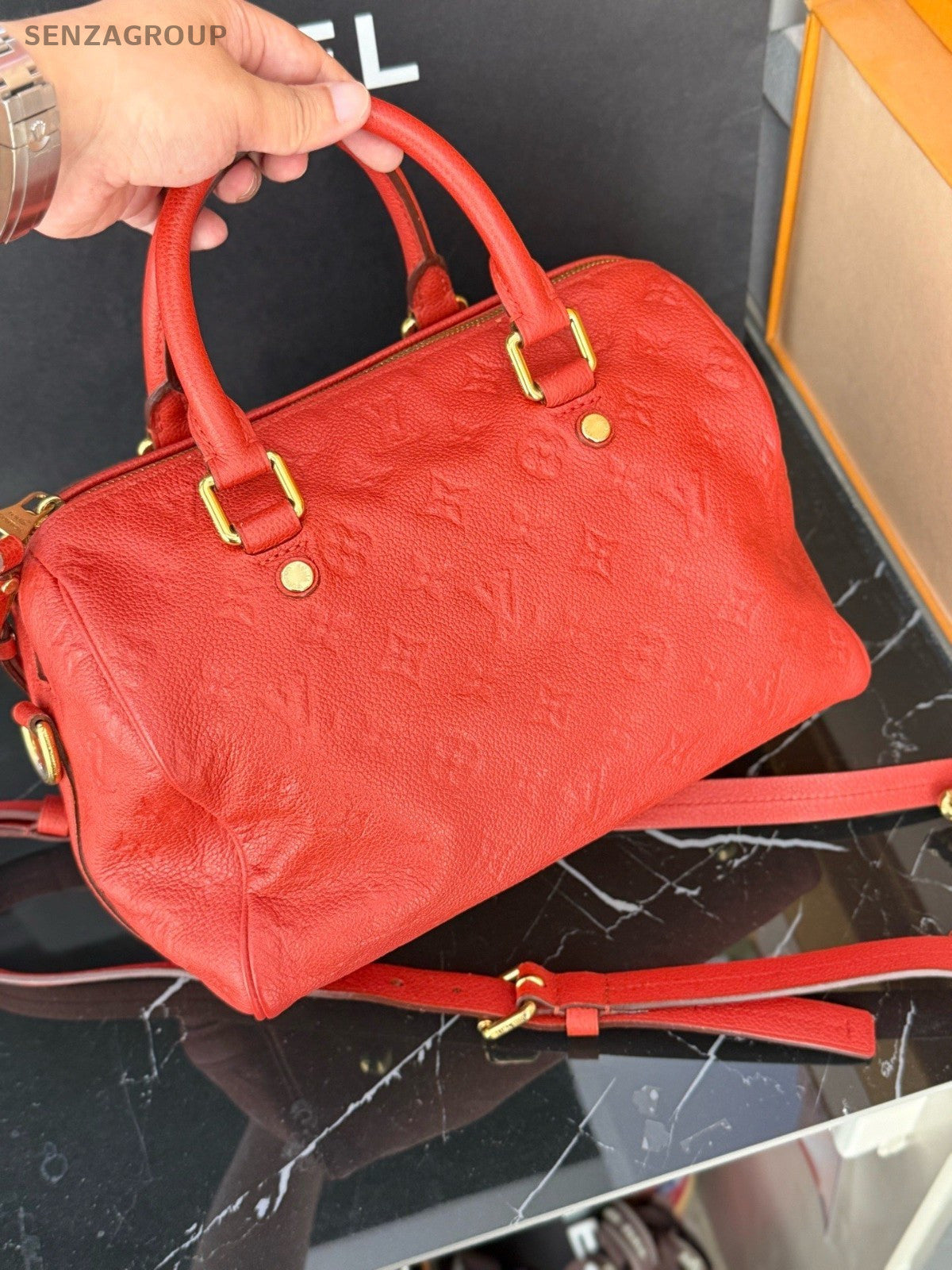 Louis Vuitton Speedy30 Monogram Empreinte 2way Shoulder Handbag Red Gold Women