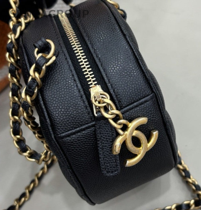 Chanel Calfskin Leather Round Chain Top Handle Bag Crossbody Black Gold Women