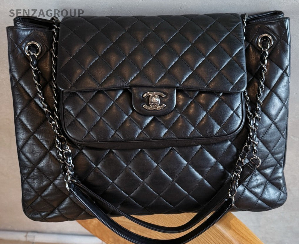 Chanel Tote Calfskin Chain Shoulder Bag Black Silver Diamond Pattern Used Women