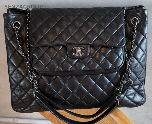 Chanel Tote Calfskin Chain Shoulder Bag Black Silver Diamond Pattern Used Women