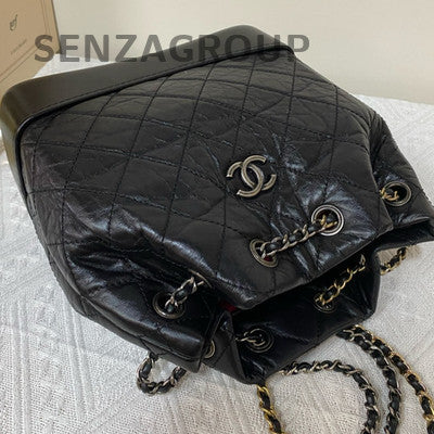 Chanel Gabrielle Backpack Small Black Gold Leather Dual Chain Women's Bag