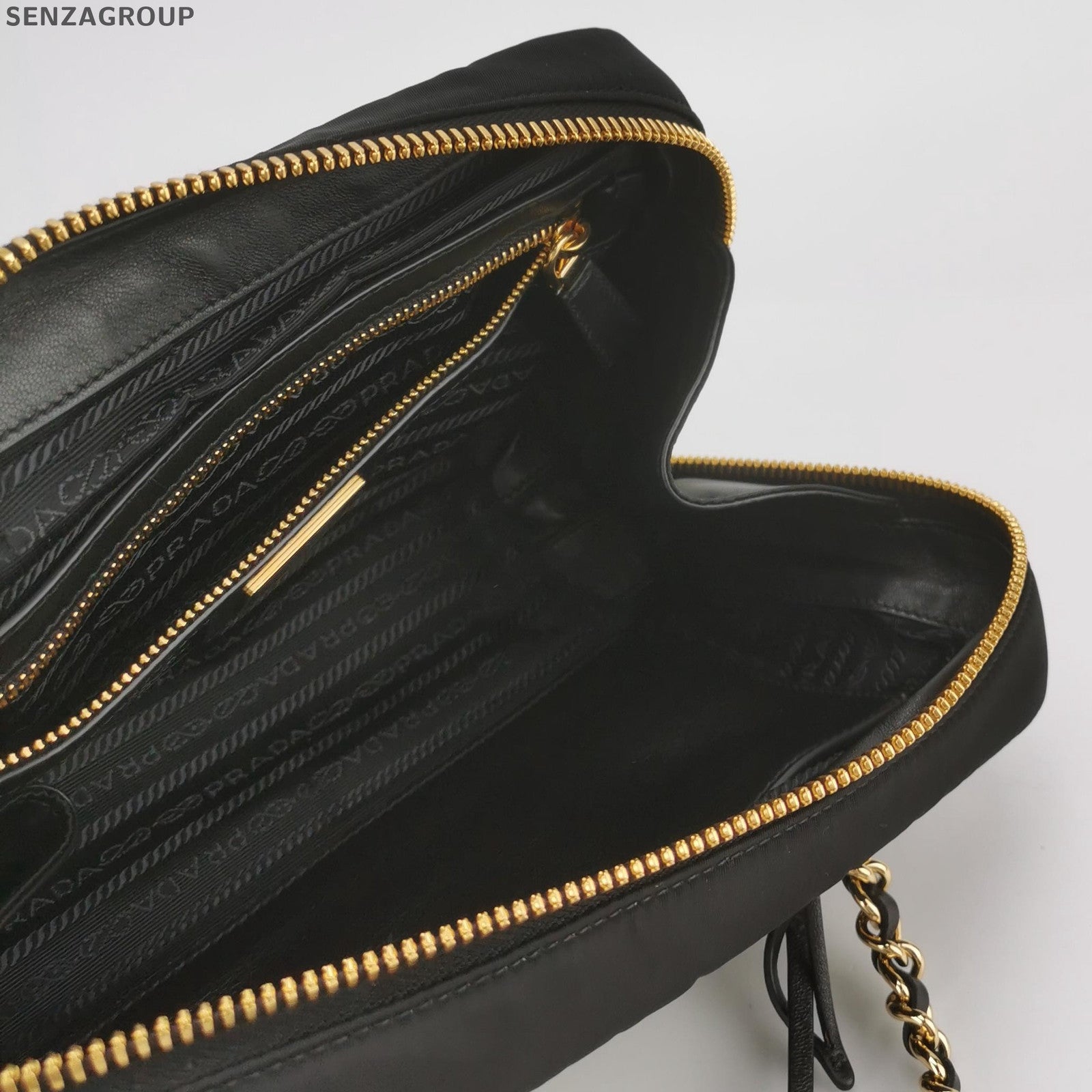Prada Nylon Bowling Bag with Chain Strap Black Gold Classic Women's