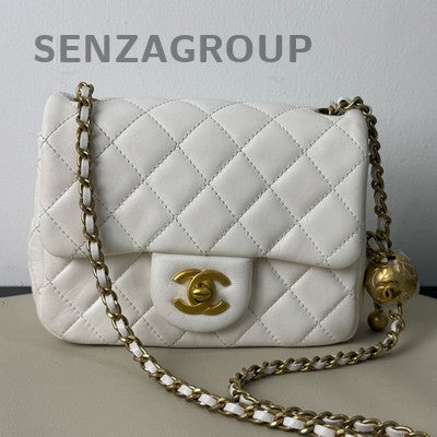 Chanel Classic Flap Bag White Gold Lamb Leather Chain Shoulder Crossbody