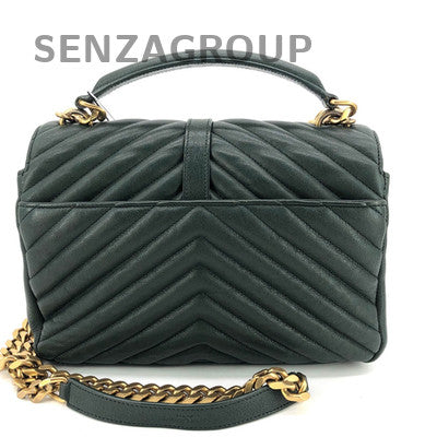 YSL Saint Laurent College Green Gold Hardware V-Stitch Tote Shoulder Bag