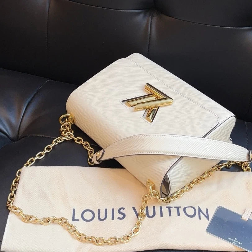 Louis Vuitton Twist MM Chain Shoulder Crossbody Bag White Gold Women Classic