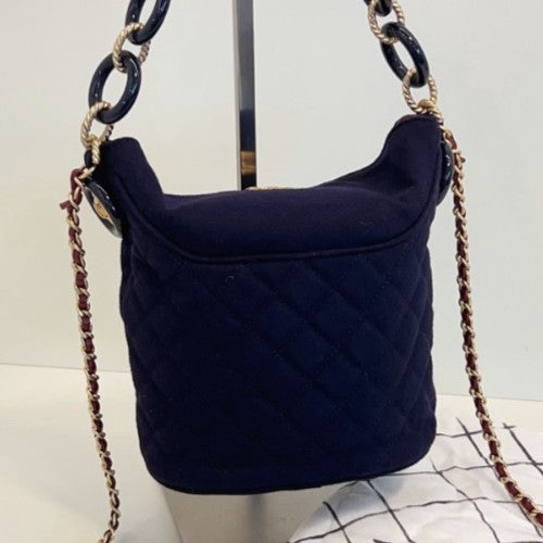 Chanel Bucket Chain Shoulder Bag Crossbody Blue Gold Women Classic Designer