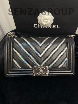 Chanel Le Boy Medium V-Stitch Black Silver Chain Shoulder Bag Classic