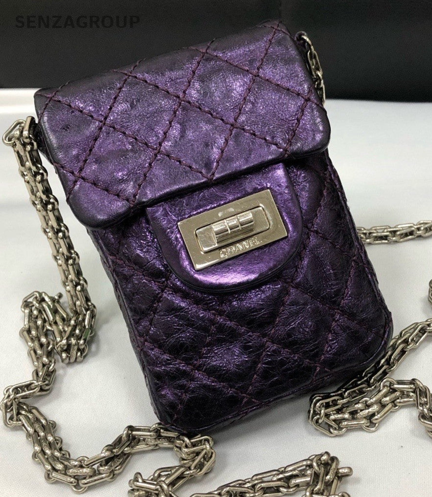 Chanel Cellphone Pouch Chain Shoulder Bag Crossbody Purple Silver Women Classic
