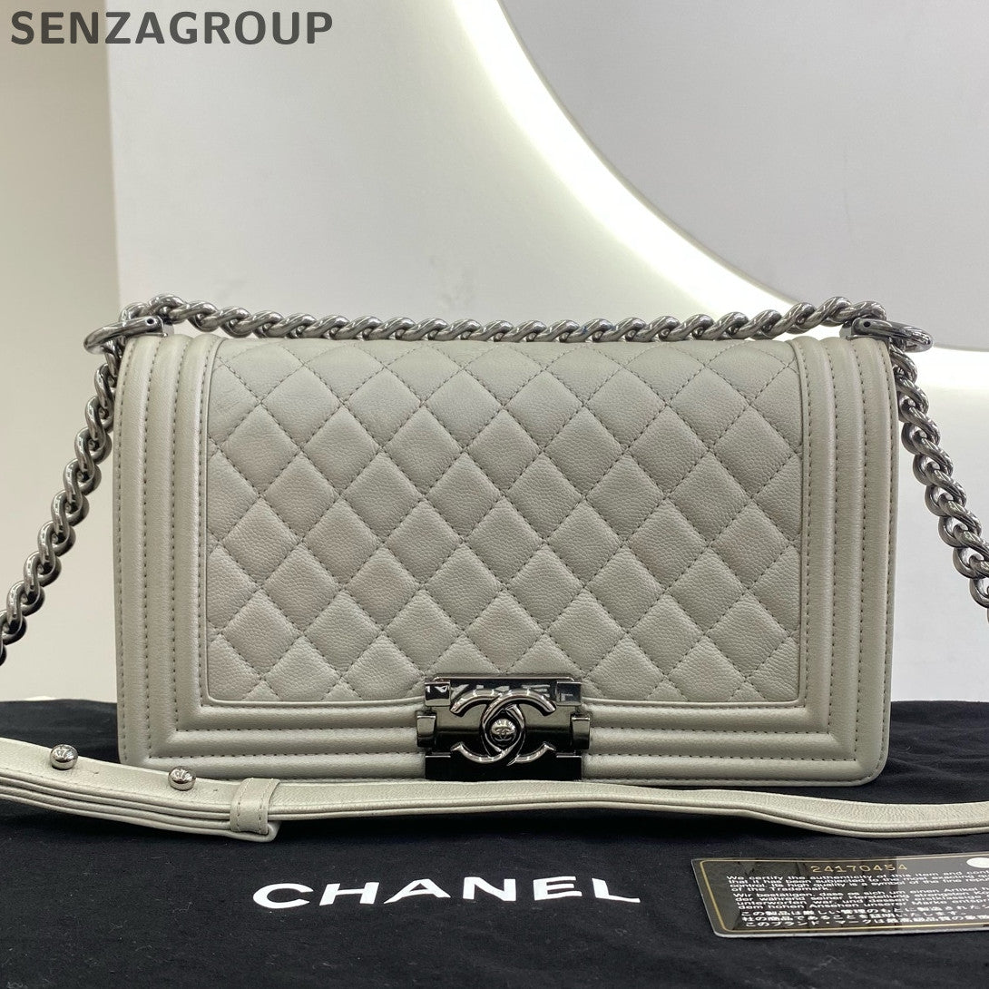 Chanel Le Boy Chevron Quilted Chain Shoulder Bag Silver White Classic Women