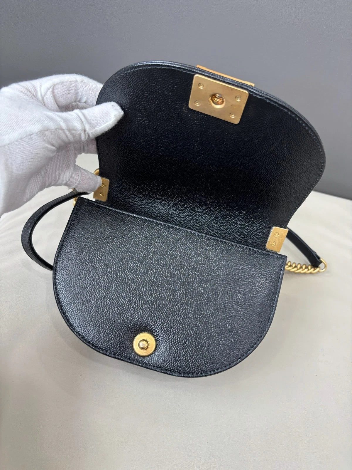 Chanel Le Boy Crossbody Shoulder Bag Black Gold Women Classic