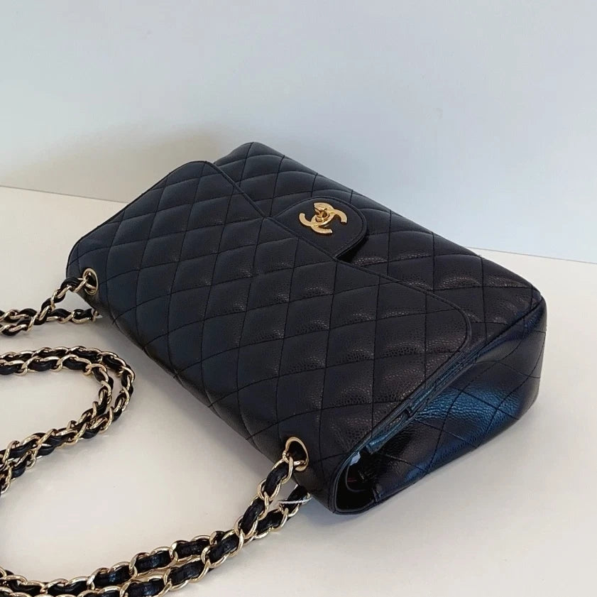 Chanel Classic Flap Jumbo Chain Shoulder Crossbody Black Gold Women Diamond