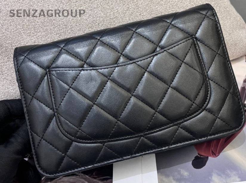 Chanel WOC Chain Lambskin Shoulder Bag Crossbody Black Silver Classic Diamond