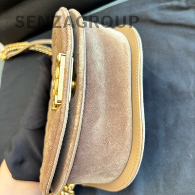 Chanel Le Boy Saddle Bag Brown Gold Velvet Chain Shoulder Crossbody