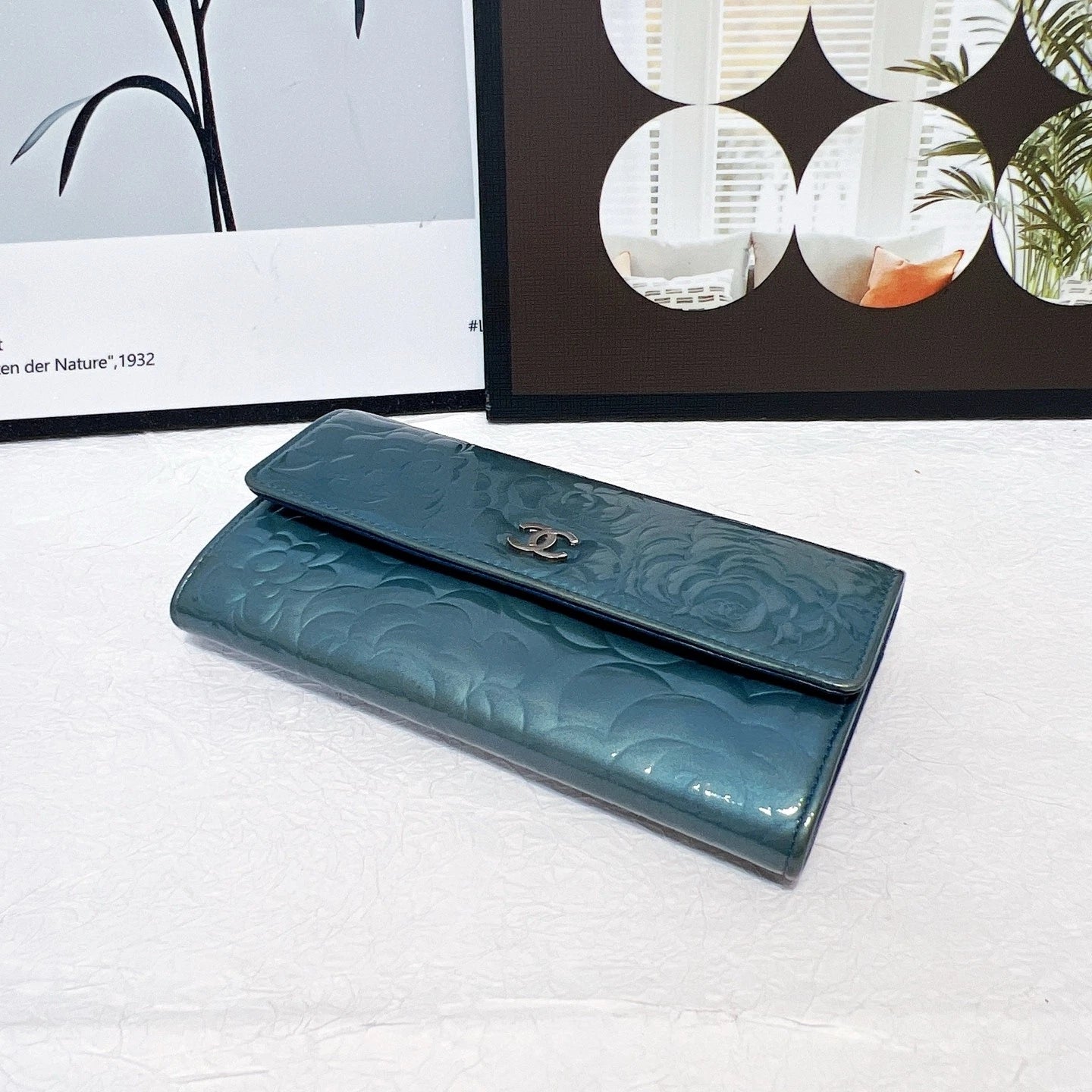 CHANEL Camellia Patent Leather Long Royal Blue Wallet For Women