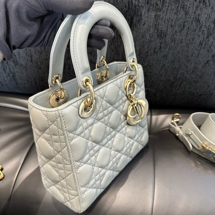 Dior Lady Dior Gold Gray Crossbody Top Handle Excellent