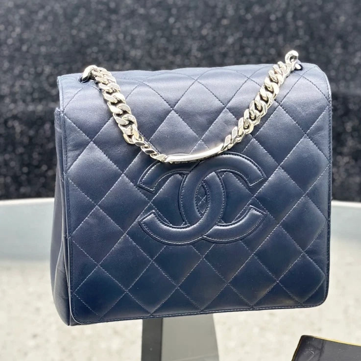 Chanel Lambskin Chain 2Ways Top Handle Shoulder Bag Navy Silver Women S