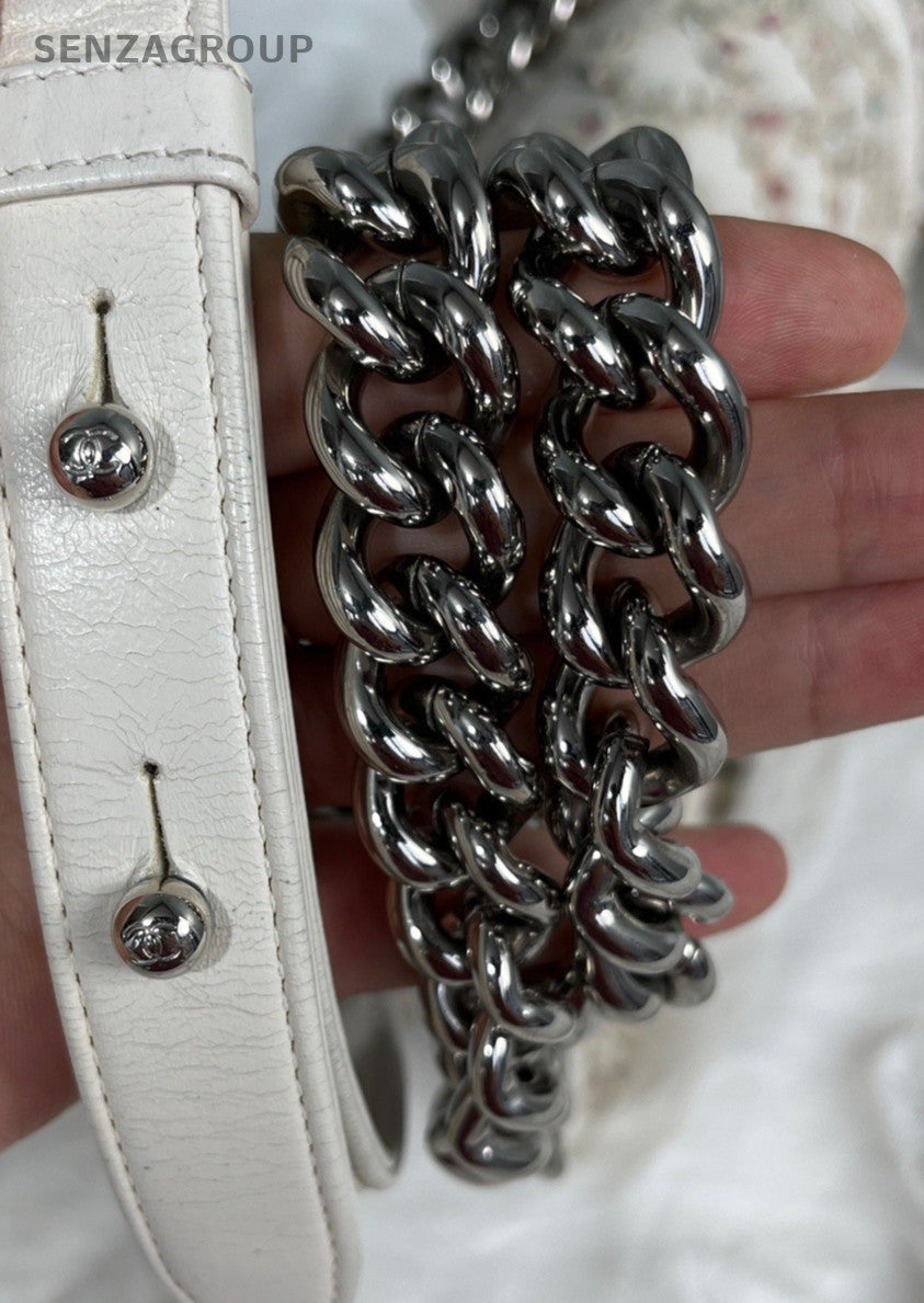Chanel Calfskin Chain Shoulder Bag White Silver Red Used Women Classic