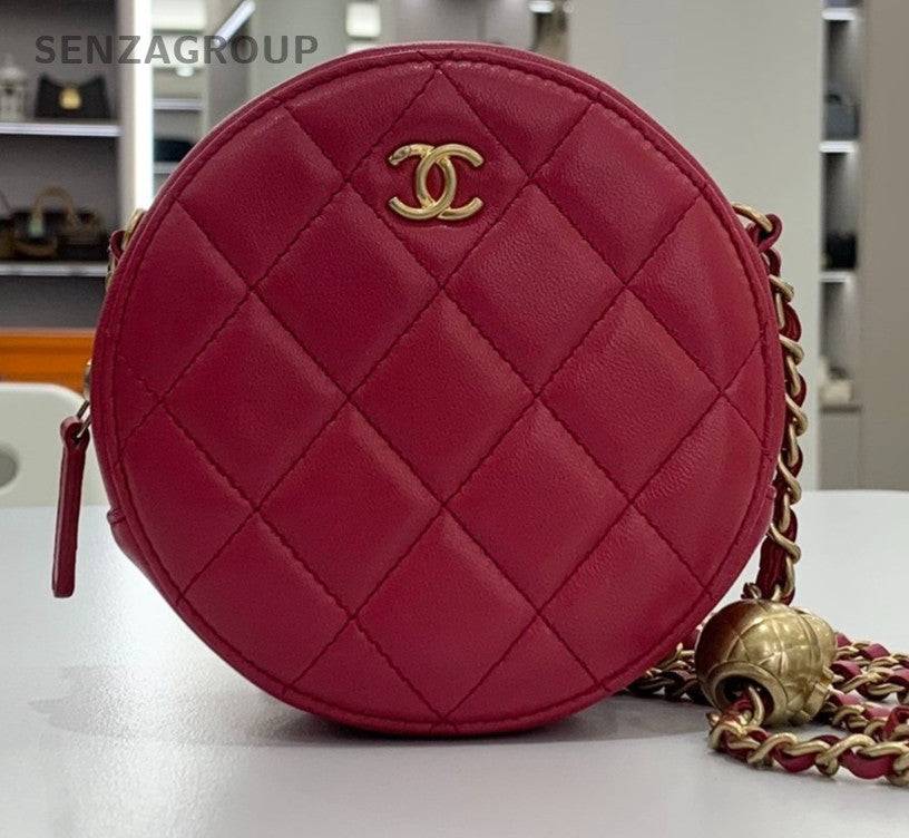 Chanel Diamond Mini Lambskin Chain Shoulder Bag Crossbody Red Gold Women Classic