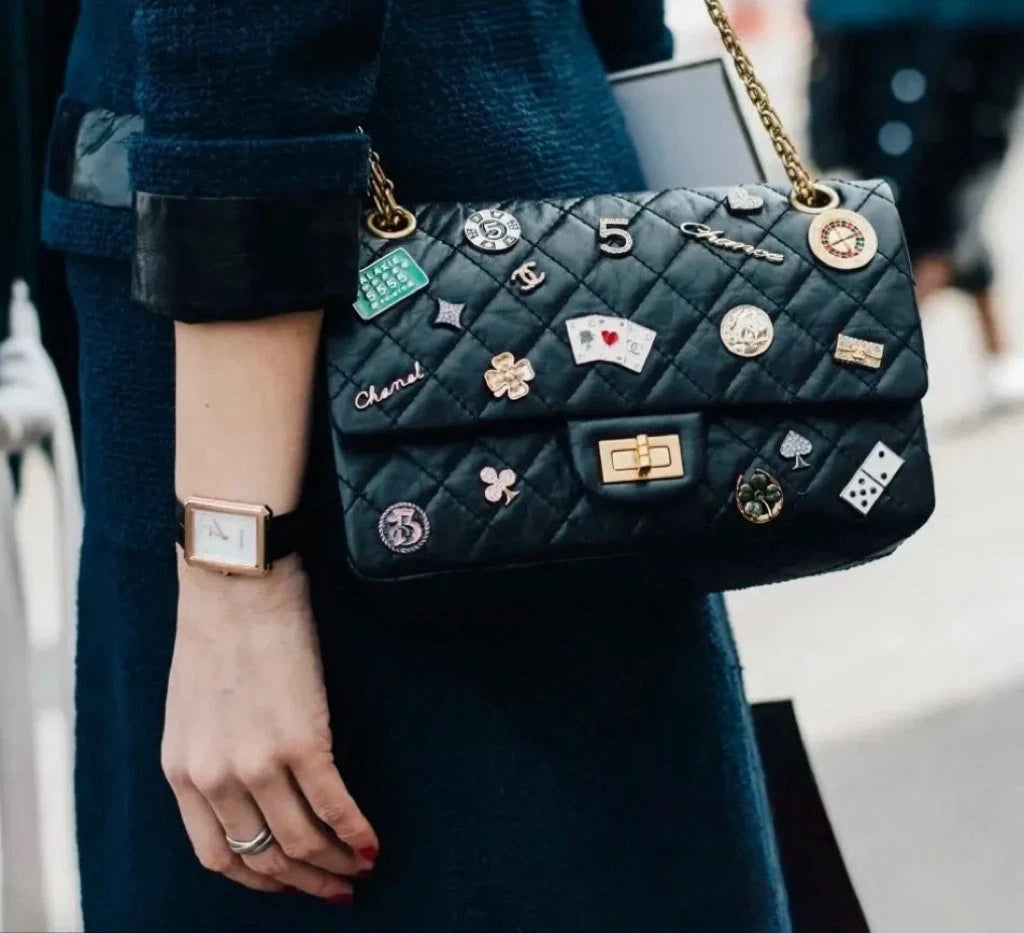 CHANEL 2.55 Medium Black Leather Shoulder Crossbody Bag For Women