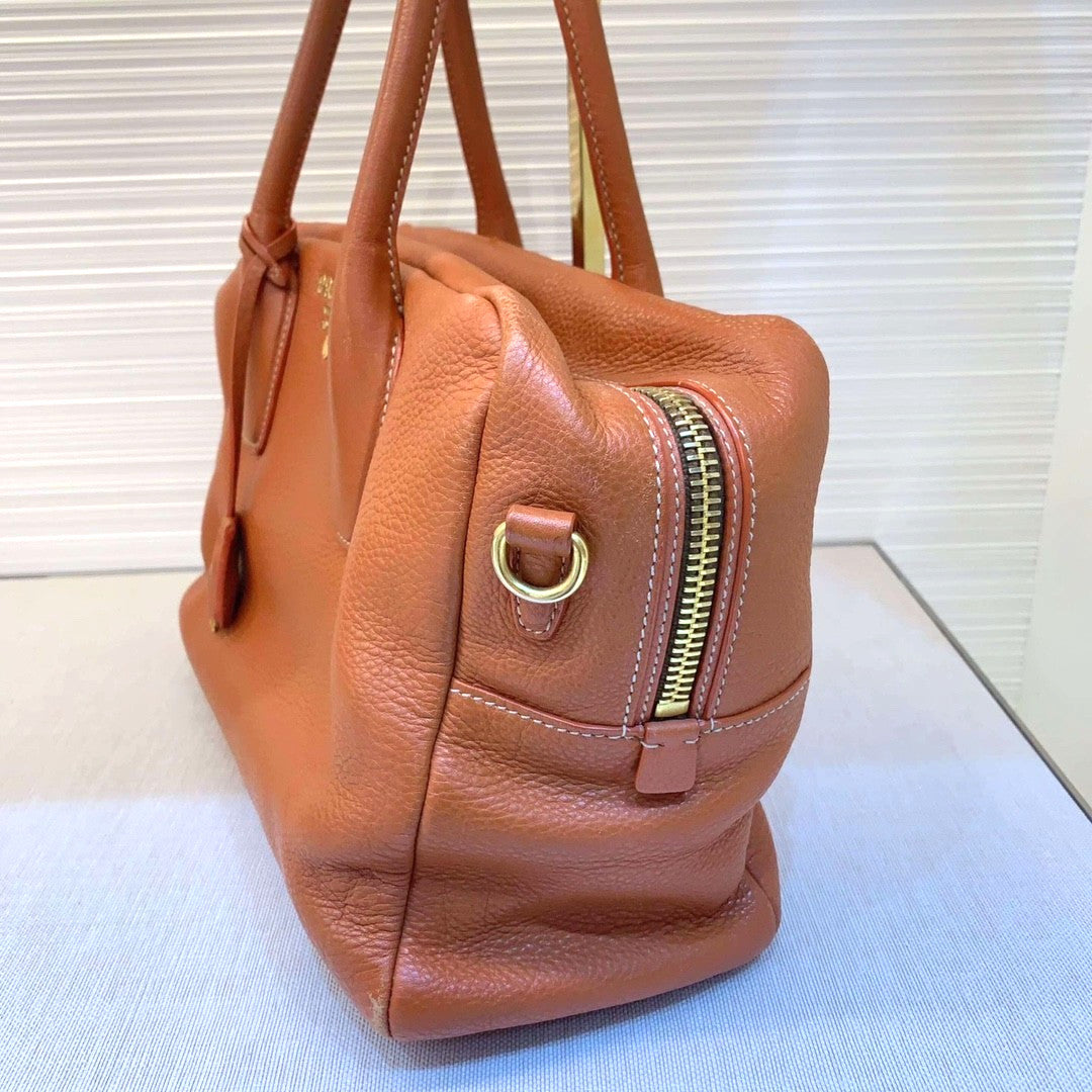 PRADA Top Handle soft Leather Shoulder bag Orange Handbag Women