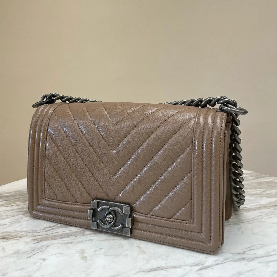 Chanel Le Boy Medium Chain Shoulder Bag Brown Silver Chevron Classic