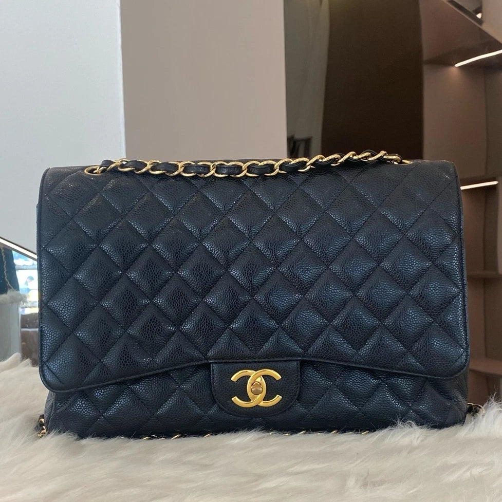 Chanel Classic Flap Max Black Caviar Leather Chain Shoulder Crossbody Bag