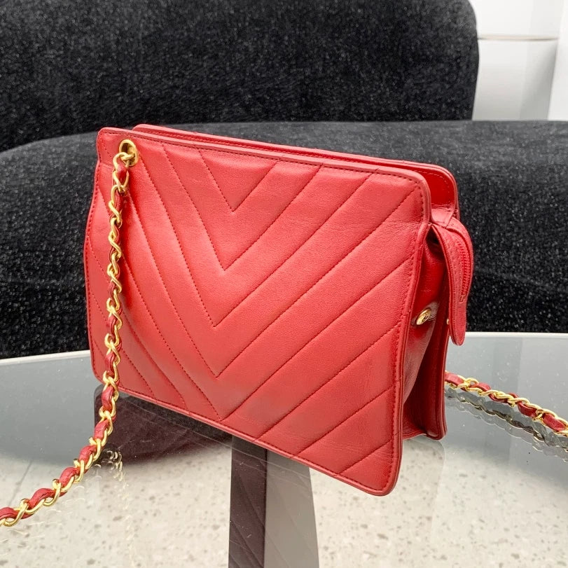 Chanel Chevron Calfskin Chain Shoulder Crossbody Bag Red Gold Women S