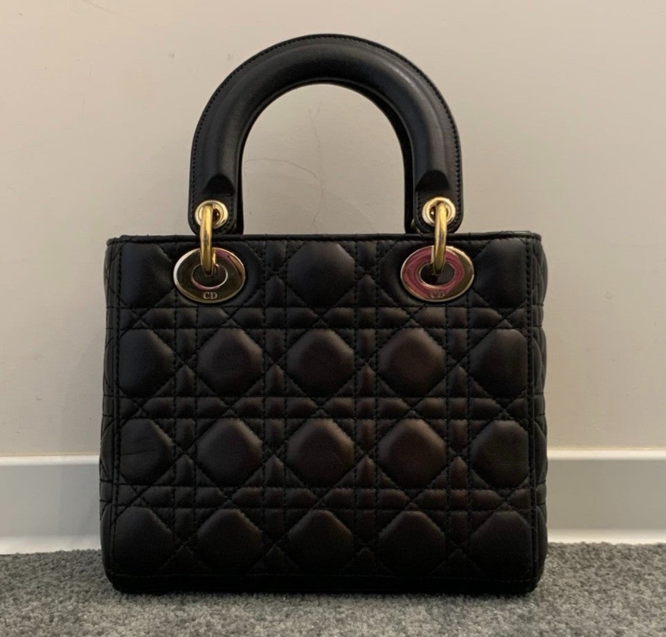 Christian Dior Lady Dior Lambskin Top Handle Bag Black Gold Used Women Classic
