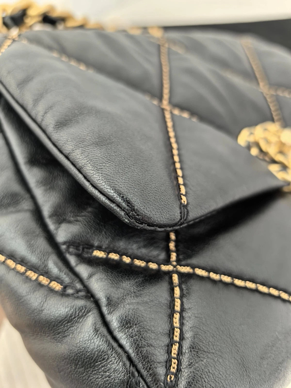 Chanel 19 Bag Crossbody Bag Lambskin Black Gold Diamond Women Classic