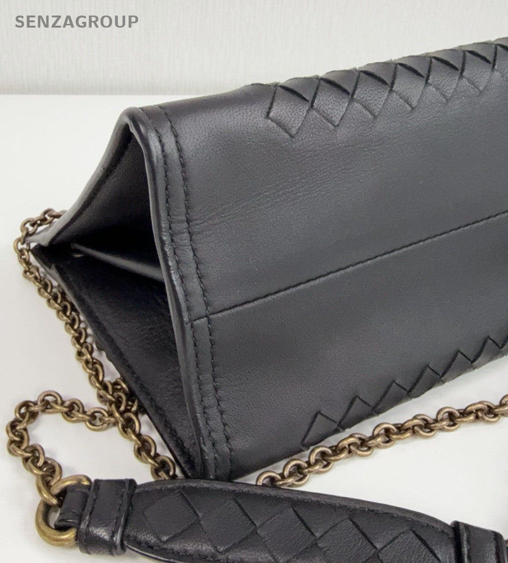Bottega Veneta Woven Chain Shoulder Bag Crossbody Black Gold Women Classic