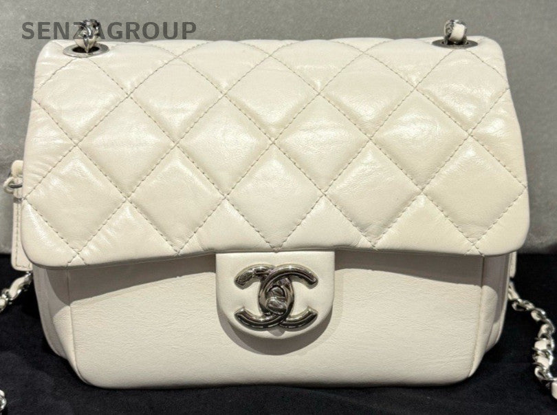 Chanel Classic Flap Chain 2Way Shoulder Bag Crossbody White Silver Diamond