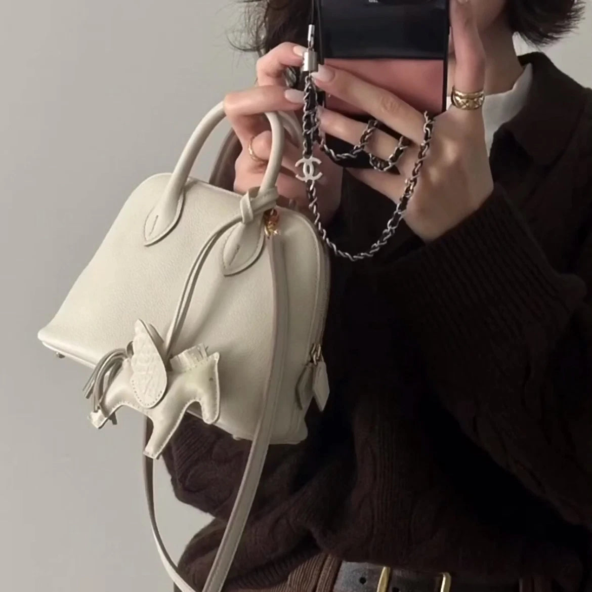 Hermes Bolide Mini Top Handle Crossbody White Silver Women Classic Fashion