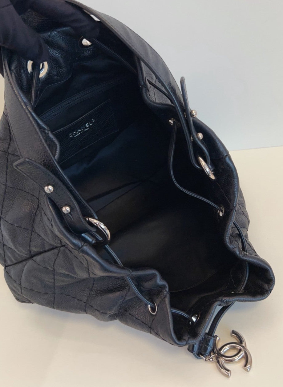 Chanel Calfskin Bucket Shoulder Bag Black Silver Diamond Women Classic Designer