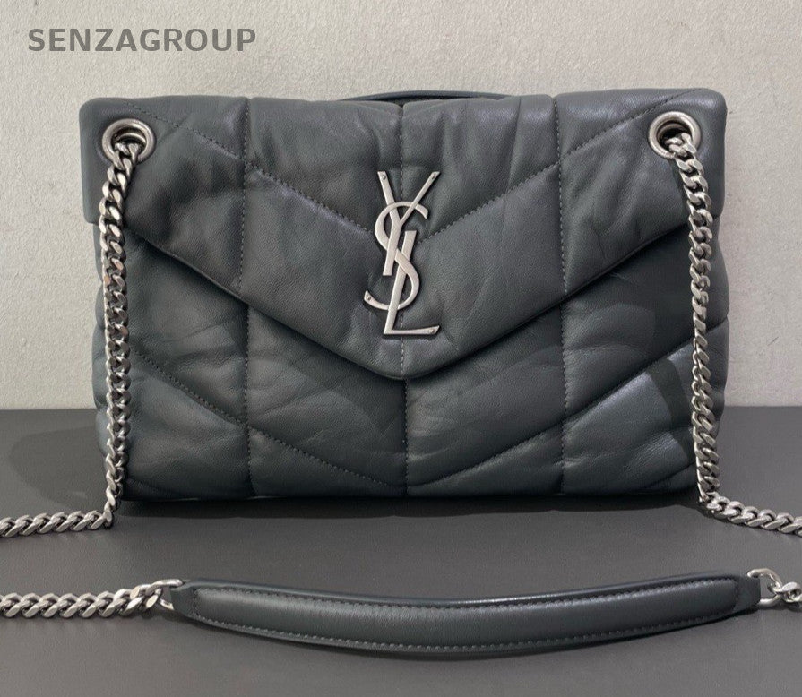 Saint Laurent LOULOU Lambskin Chain Shoulder Bag Crossbody Gray Silver Women