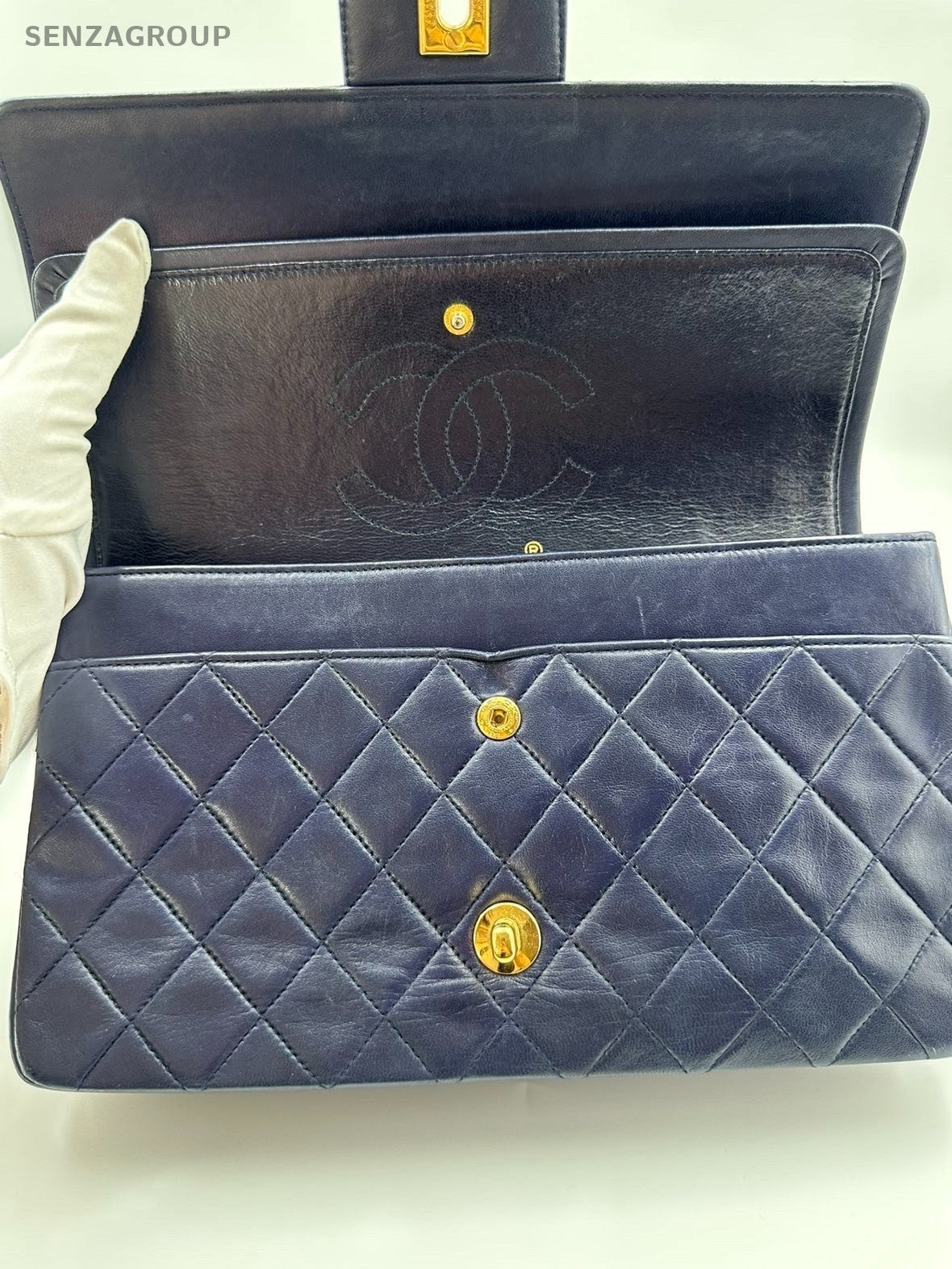 Chanel Classic Flap Lambskin MM Chain Shoulder Crossbody Blue Gold Women Vintage
