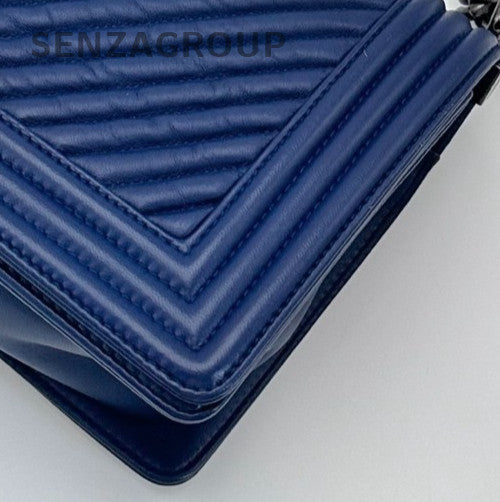 Chanel Leboy MM V Pattern Chain Shoulder Bag Crossbody Blue Silver Women Classic