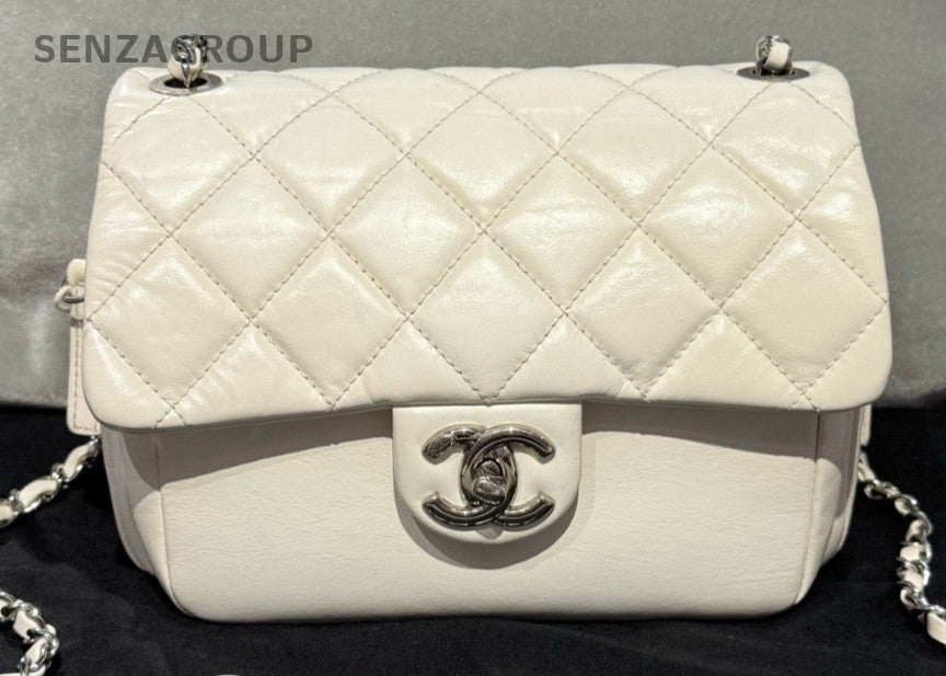 Chanel Classic Flap Chain Shoulder Bag Crossbody White Silver Women Designer