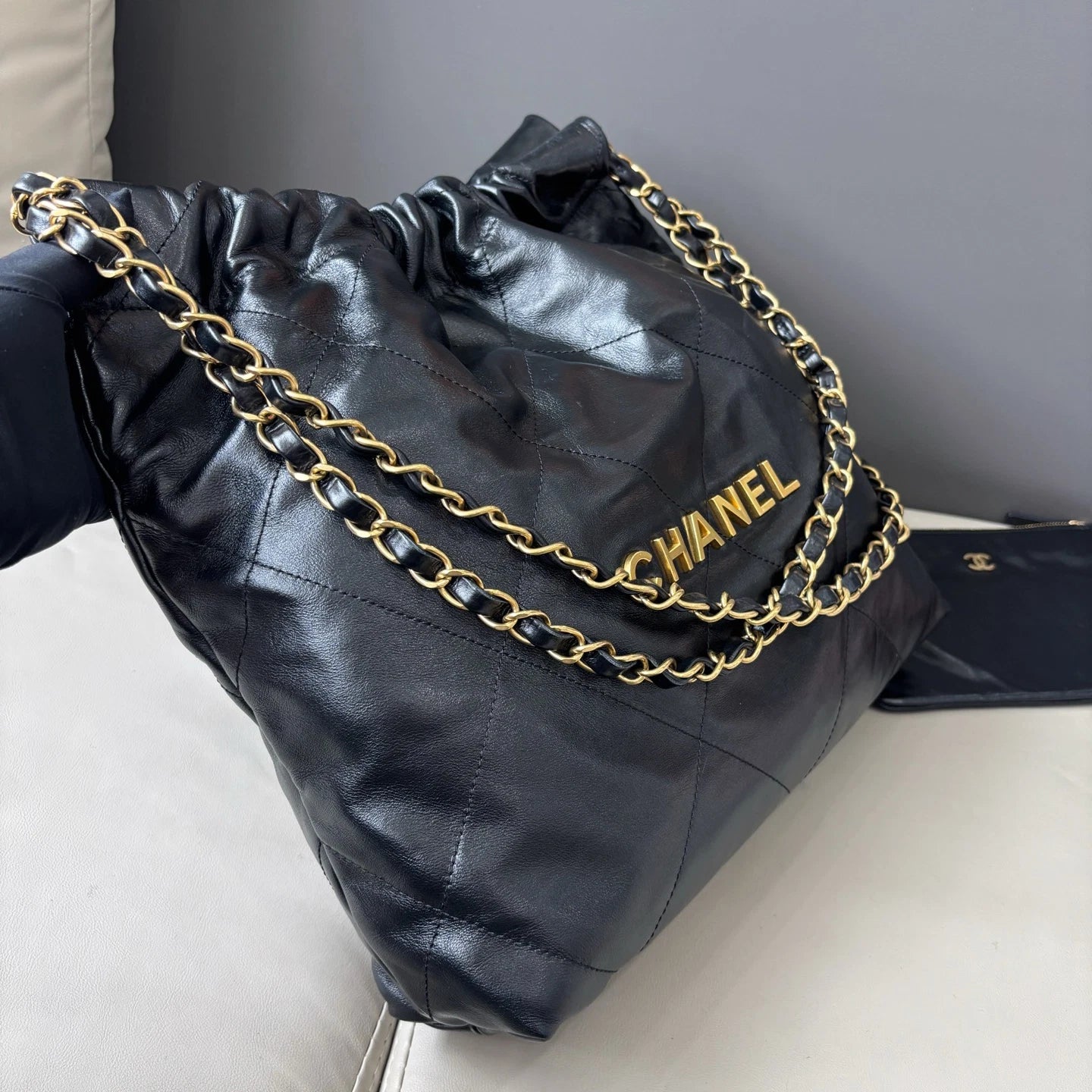 Chanel 22Bag PM Chain Shoulder Bag Crossbody Black Gold Women Classic