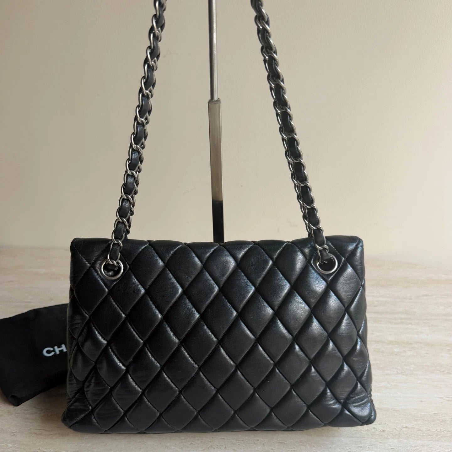 Chanel Classic Flap Puff Diamond Silver Chain Black Shoulder Bag Turn Lock
