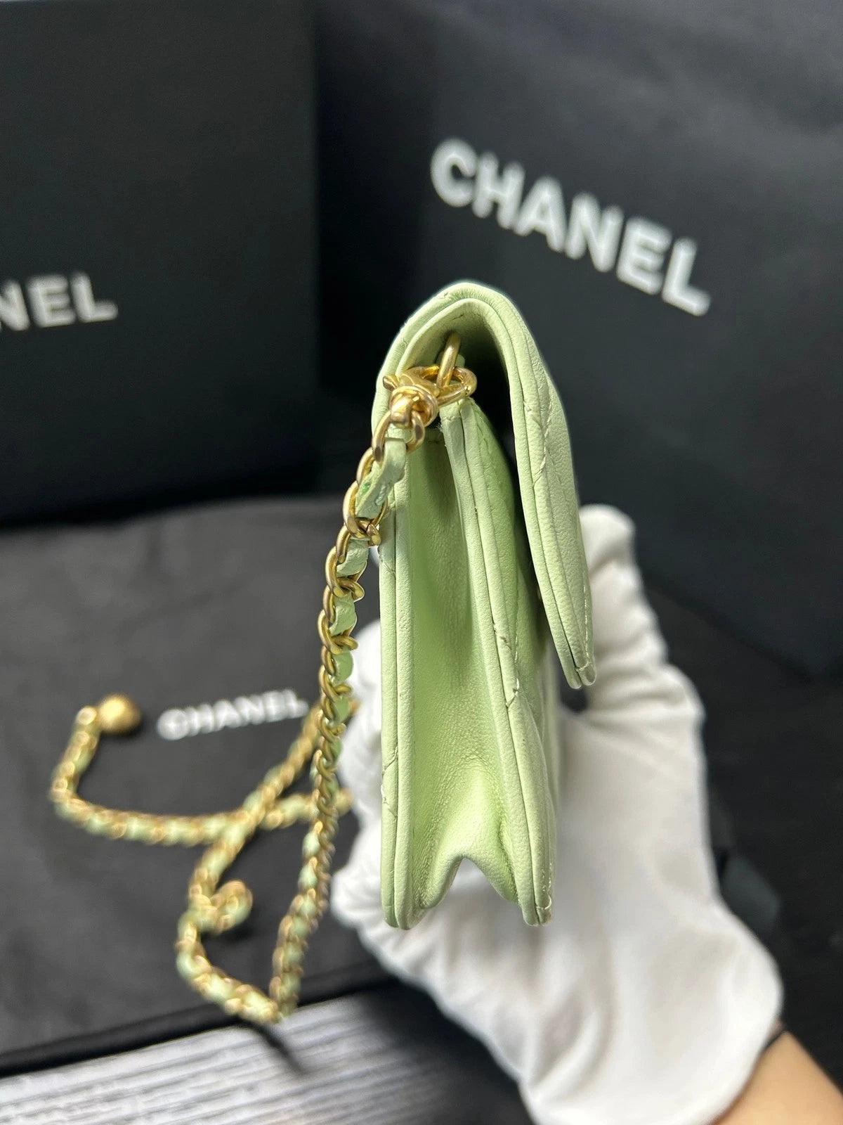 CHANEL Green Gold Ball Mini Square Chain Crossbody Bag For Women