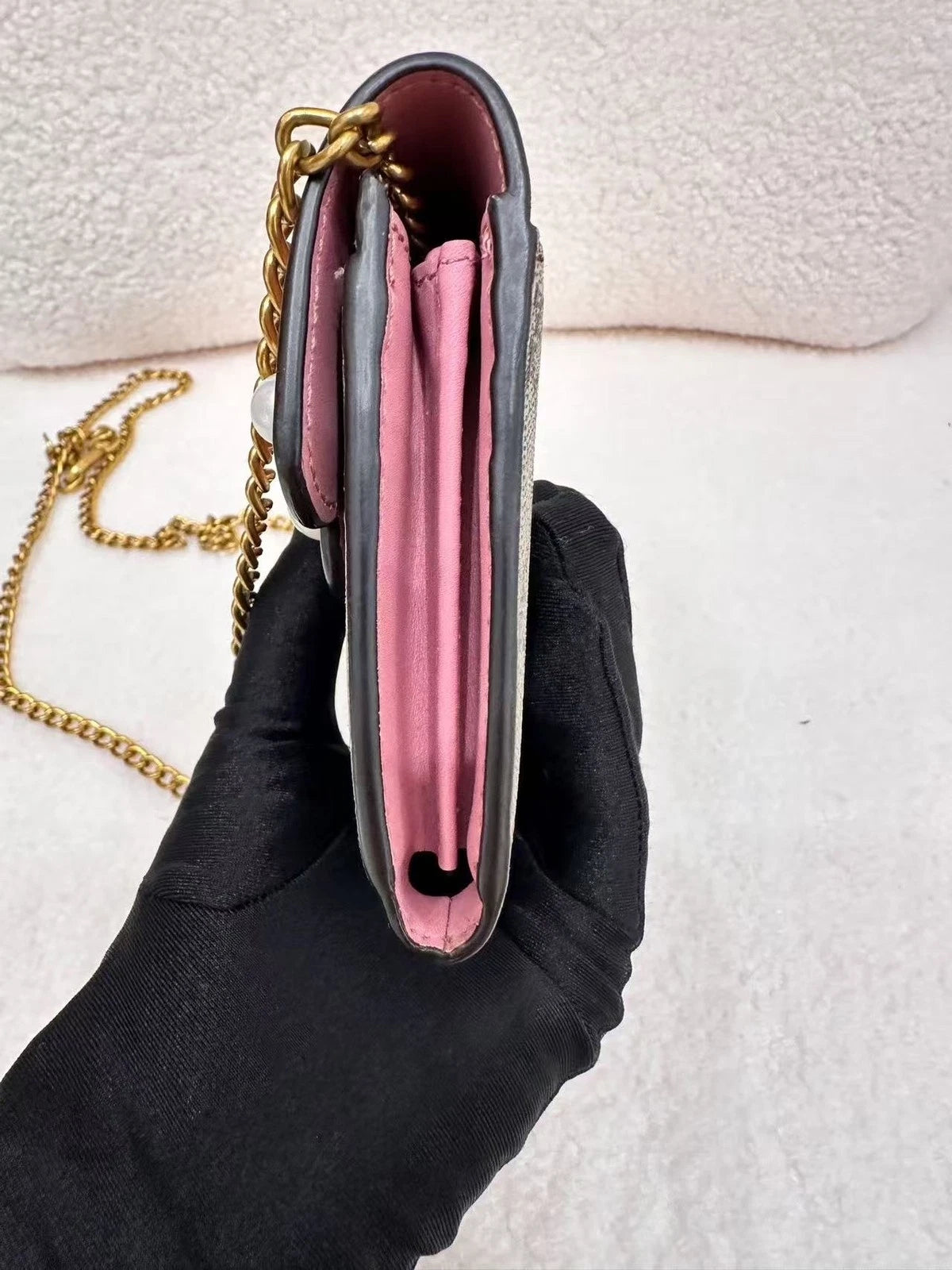 GUCCI Women Leather Pearl Decorated Wallet Crossbody