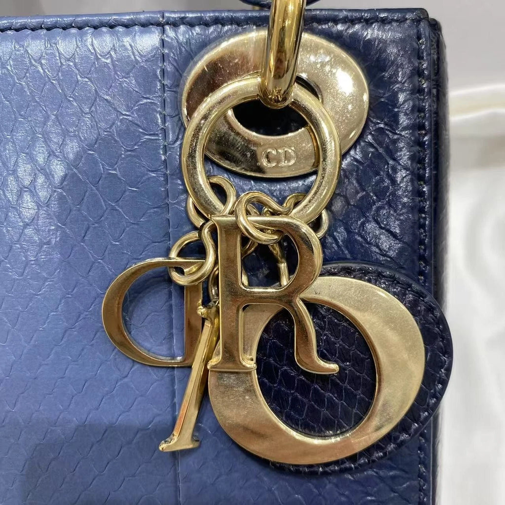Dior Women Blue Gold Leather Lady Dior Top Handle Bag