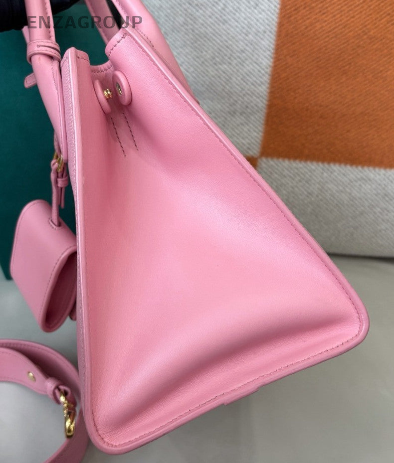 Prada Monochrome Calfskin 2Way Top Handle Bag Crossbody Pink Gold Women Classic