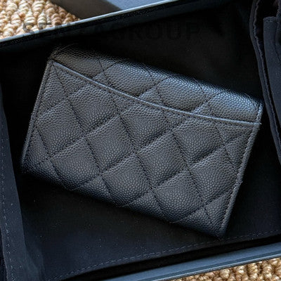 Chanel Black Gold Quilted Card Holder Clutch Classic Women's