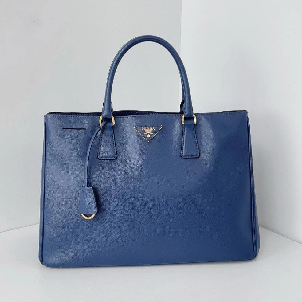 Authentic Prada Galleria Calfskin GM Blue Tote Handbag Gold Hardware