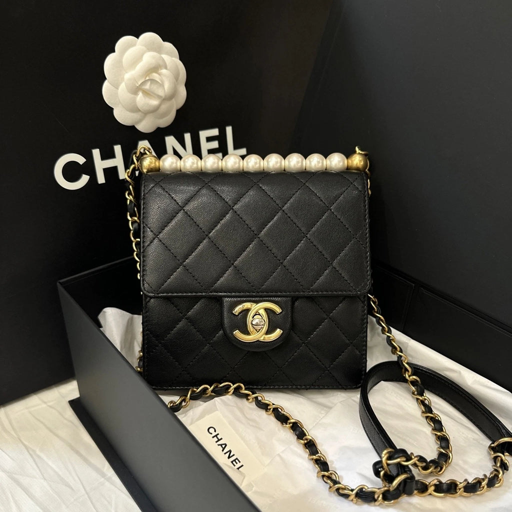 CHANEL Black Gold Lambskin Gold Buckle Pearl Crossbody Bag Women