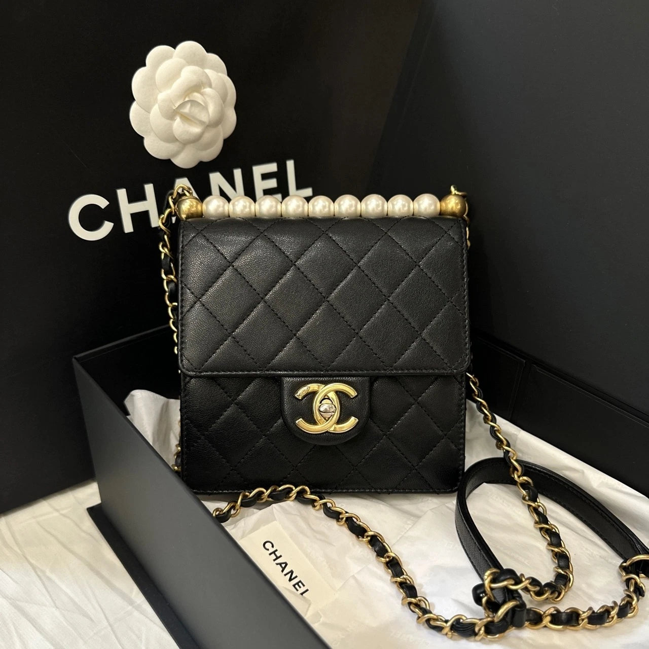 CHANEL Black Gold Lambskin Gold Buckle Pearl Crossbody Bag Women
