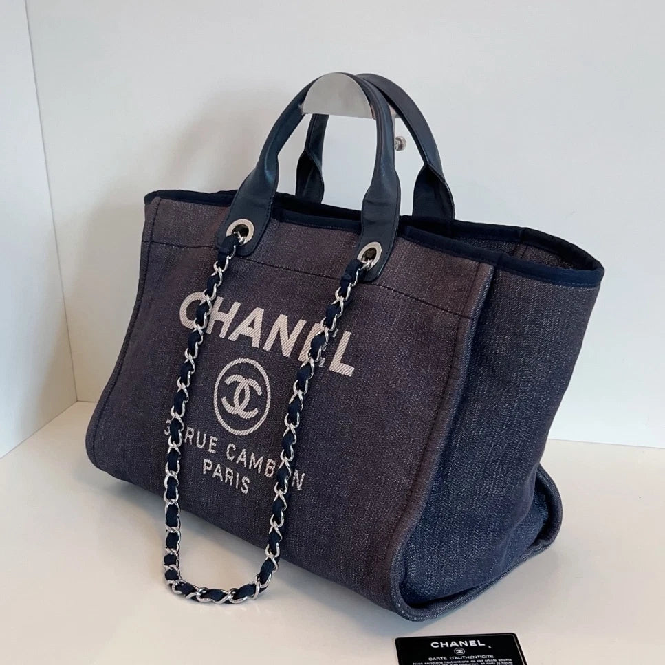 Chanel Canvas Calfskin Beach Bag Chain Top Handle Shoulder Blue Silver Women