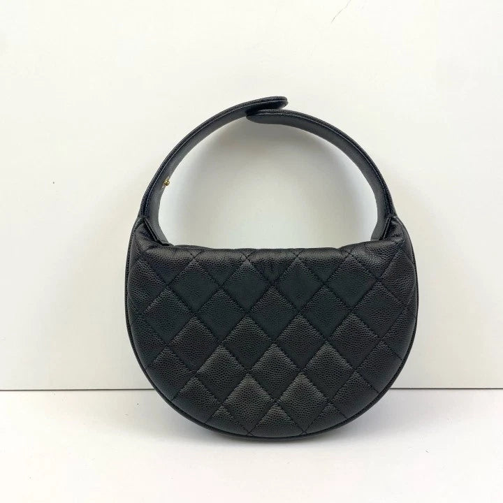 Chanel 23B Black Gold Hula Hoop Bag Grainy Leather Shoulder Bag Women